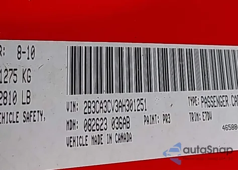 2010 Dodge Charger Sxt z USA, uszkodzony, nr VIN 2B3CA3CV3AH301251
